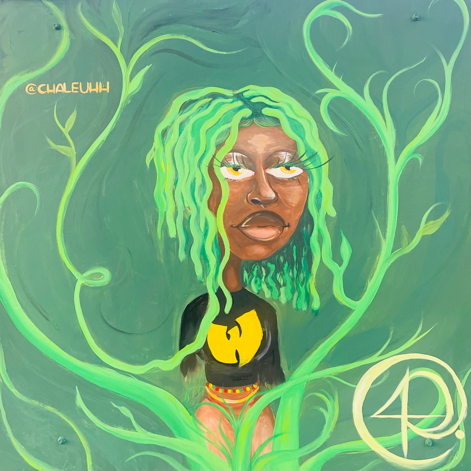 A painted portrait of a woman with green hair wrapped in winding green vines, signed @CHALEUHH