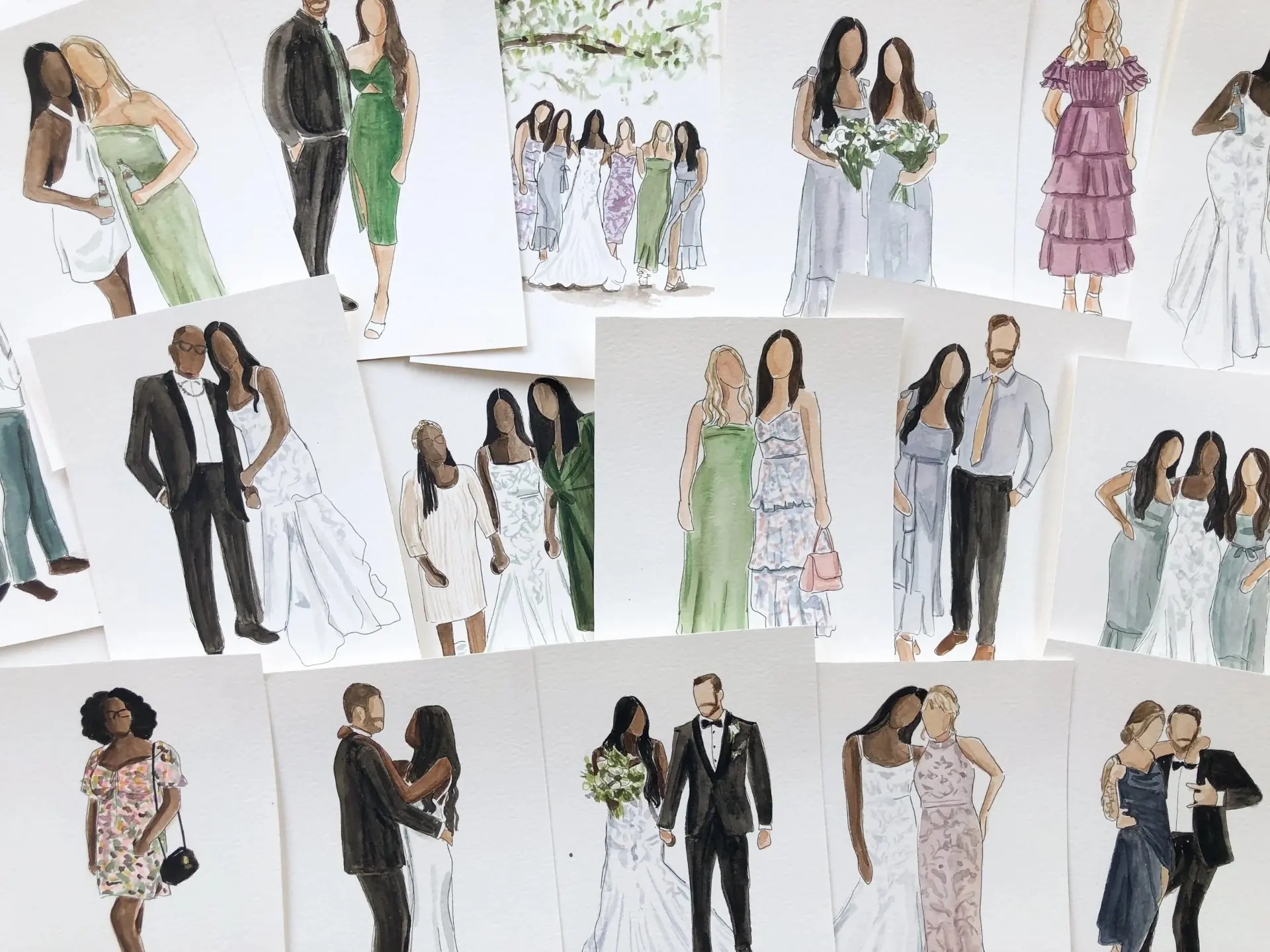 A spread of 5x7 watercolor caricatures of wedding guests and couples