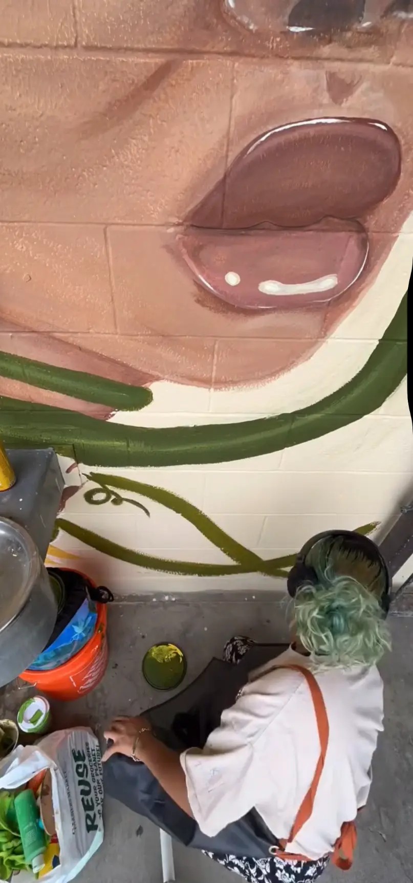 Looking down at Chaleuh painting green vines beneath a large painted face on a block wall